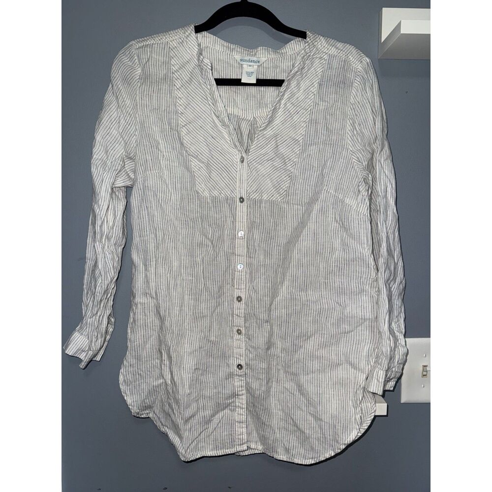 Sundance Off-White With Navy Stripe 100% Linen Button Down | Size Small P